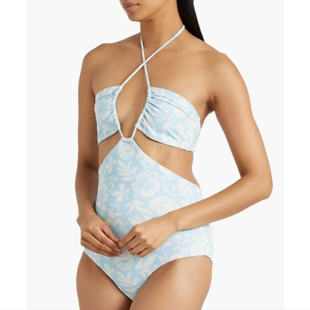 Onia Women's Blue & White Floral Print Cutout One Piece Swimsuit Size XL